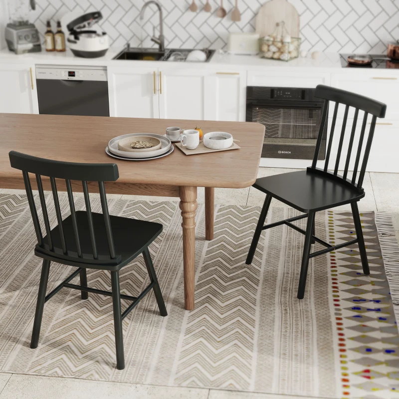 HOMCOM Dining Chairs Set of 4, Farmhouse Wood Kitchen Chairs with Rubber Wood Frame, Spindle Back for Dining Room, Black