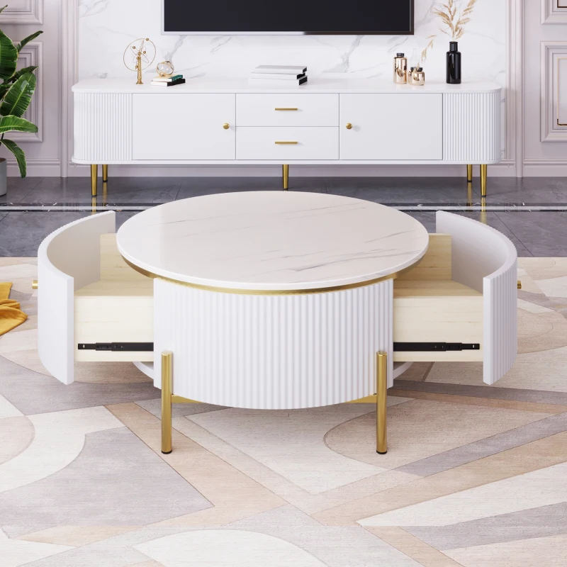 Modern Round Coffee Table with 2 Large Drawers, MDF Construction and Gold Legs, Sleek Modern Design, 31.5" L x 31.5" W x 17" H, White+Gold