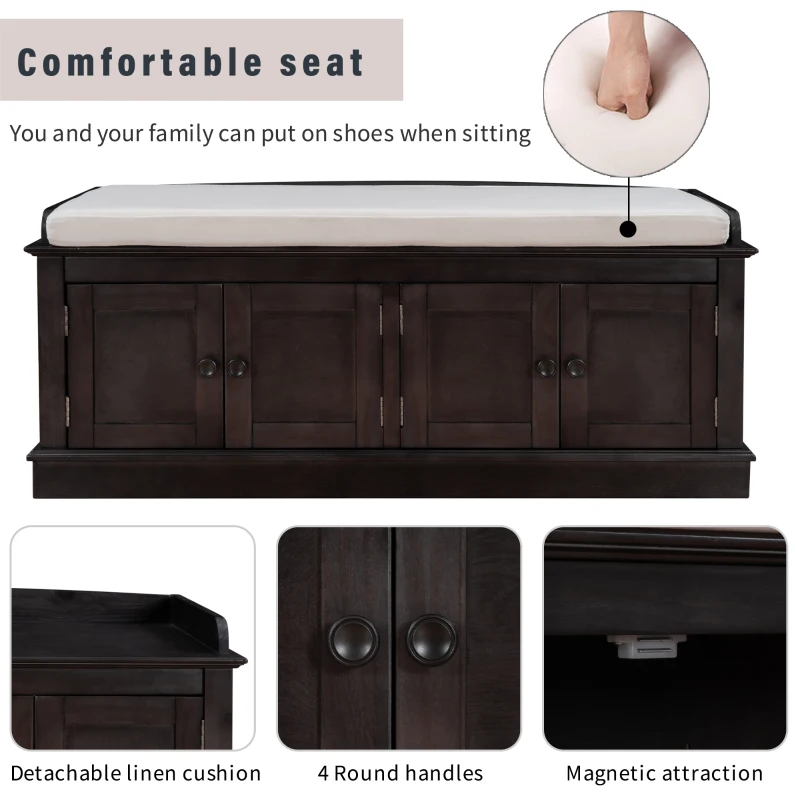 Storage Bench with Multi-Purpose Storage and Adjustable Shelves, Removable Cushion for Entryway, 43" L x 16" W x 17.5" H, Dark Brown