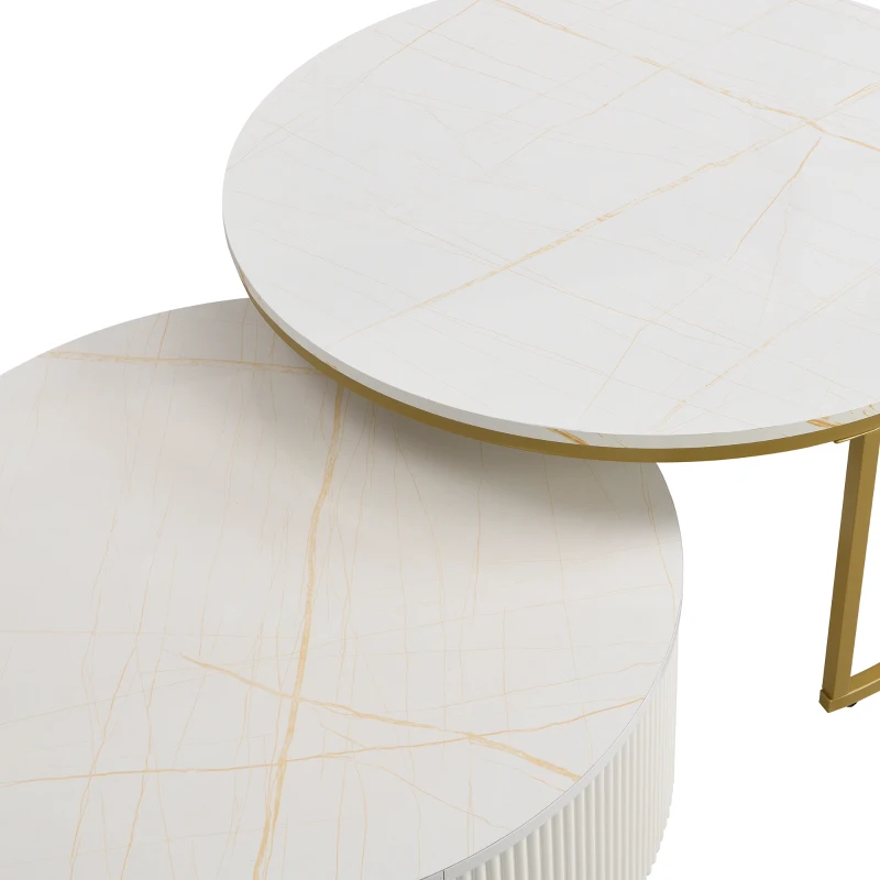 Modern Round Nesting Coffee Table Set with Fluted Design, Storage Drawer, MDF Top and Metal Base, 27.5" L x 27.5" W x 16" H, White+Gold