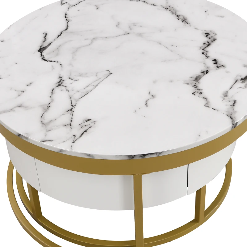 Modern Round Nesting Coffee Table with Drawers, MDF and Metal Pedestal Base, Durable Construction, 31.5" L x 31.5" W x 17" H, Gold+White