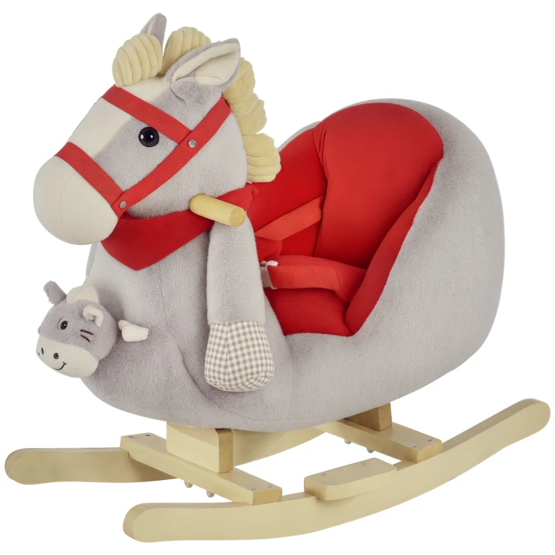 Qaba Kids Ride-On Rocking Horse Toy, Rocker with Lullaby Song, Hand Puppets & Soft Plush Fabric for Children 18-36 Months, Gray