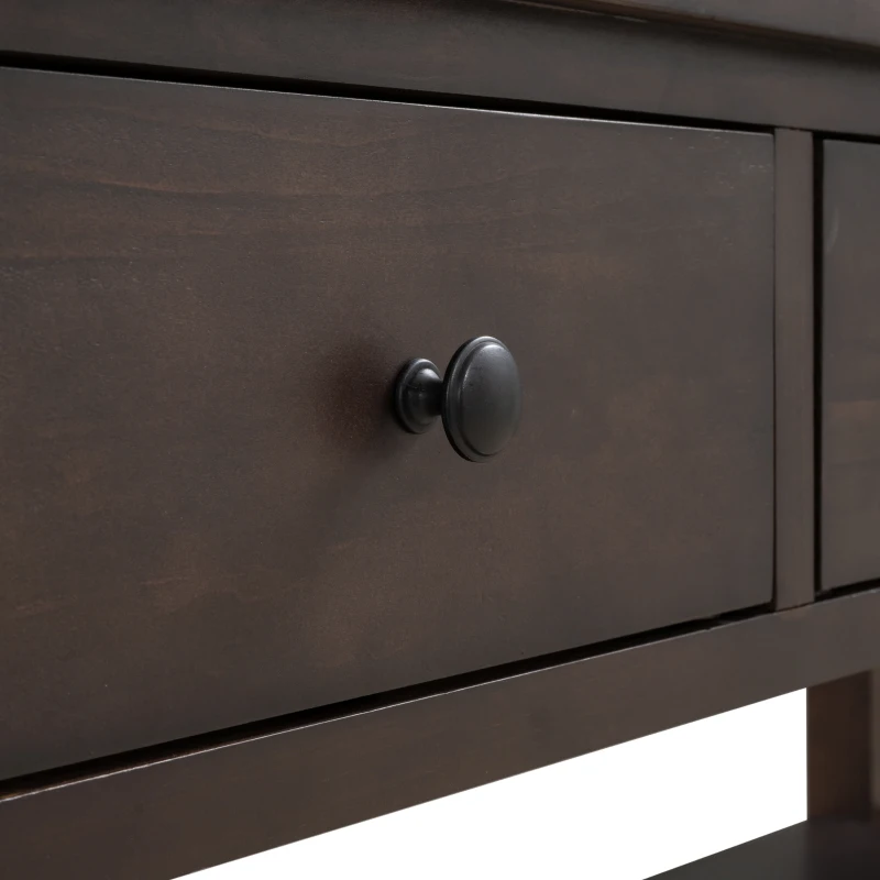 Retro Style Console Table with 3 Drawers and 2 Open Shelves, Pine Wood Frame, Circular Handles, 50" L x 16" W x 30" H, Dark Brown