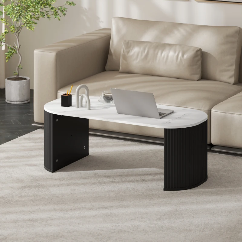 HOMCOM Coffee Table, Modern Marble-Effect Living Room Table with Round Corners and Thicken Legs, Black