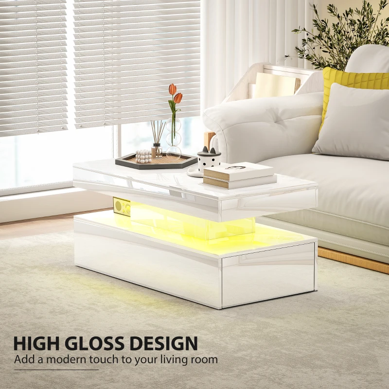 HOMCOM LED Coffee Table, Living Room Table with 2 Drawers and Open Shelf, High Gloss White