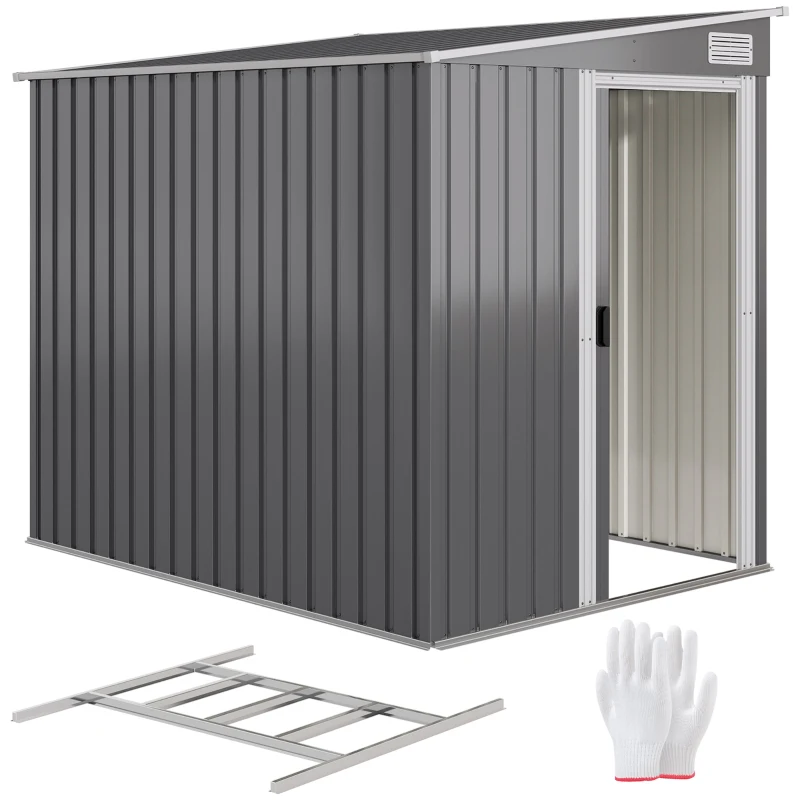 Outsunny 5'x7' Lean to Galvanized Metal Shed with Foundation, Garden Tool Storage House with Sliding Door and 2 Vents, Dark Grey