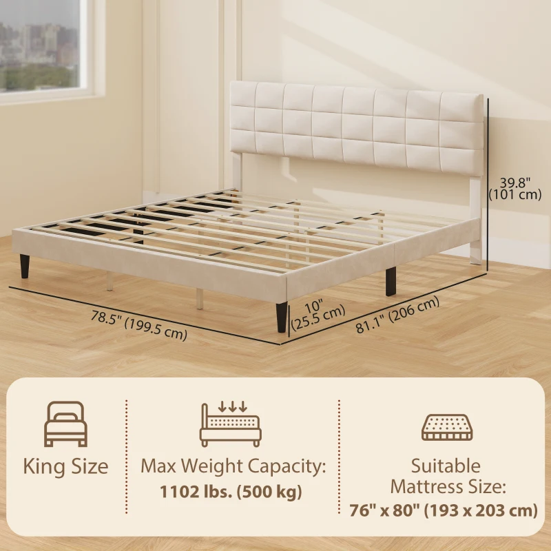 HOMCOM King Size Bed Frame with Upholstered Headboard, Modern Platform Bed Frame with Wood Slats, 1100 lbs Capacity, Cream