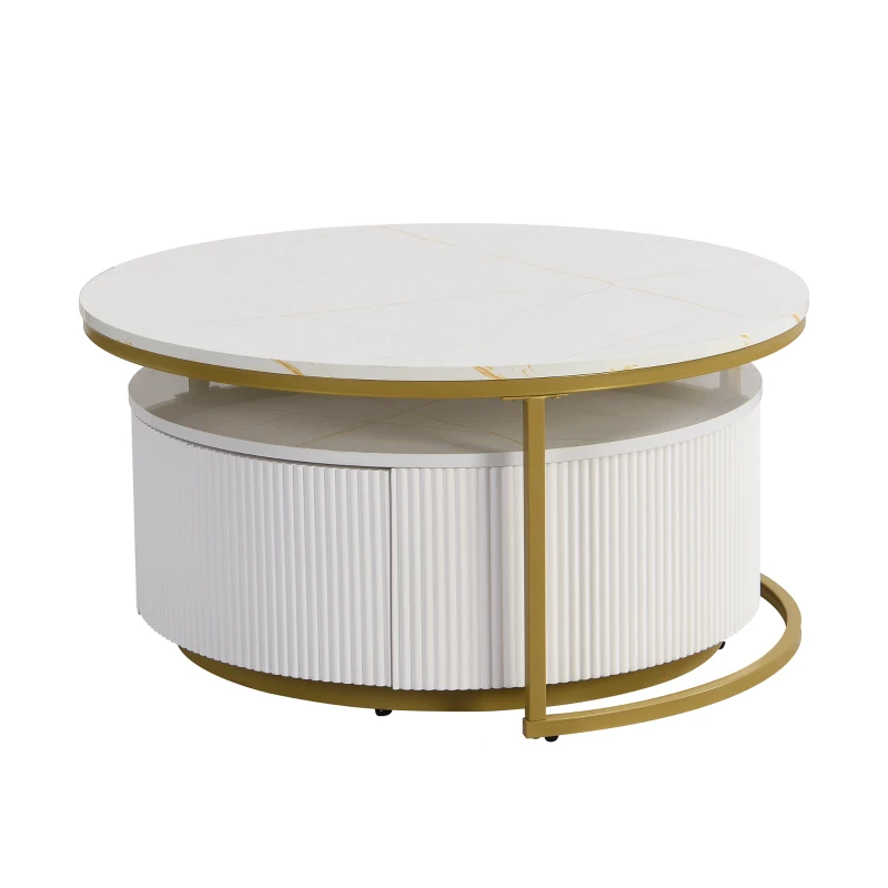 Modern Round Nesting Coffee Table Set with Fluted Design, Storage Drawer, MDF Top and Metal Base, 27.5" L x 27.5" W x 16" H, White+Gold