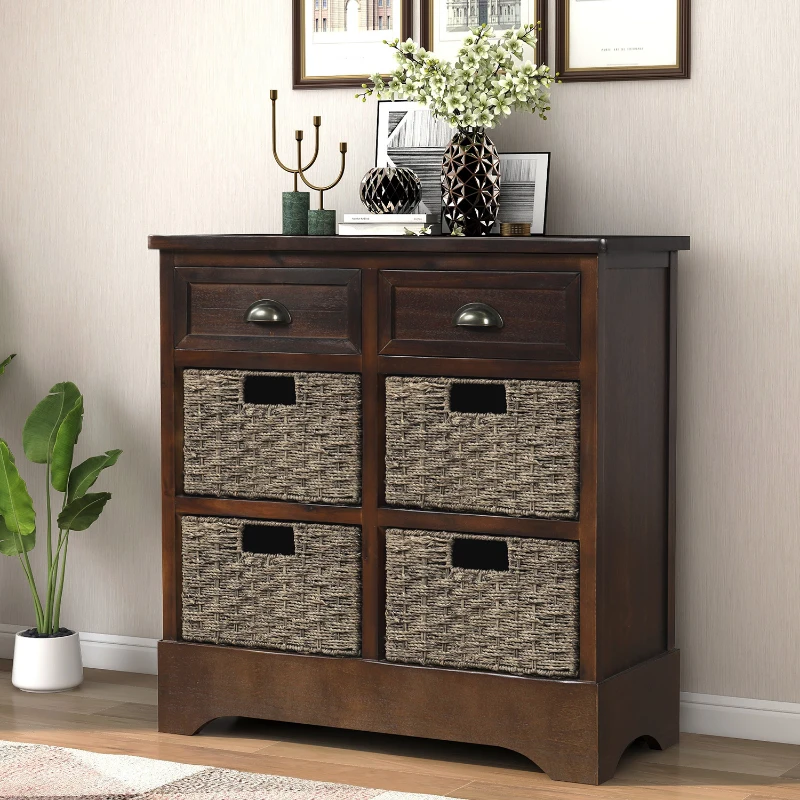Rustic Storage Cabinet with Two Drawers and Four Rattan Baskets, Modern Farmhouse Style, Acacia Wood Frame, 28" L x 12" W x 28" H, Brown