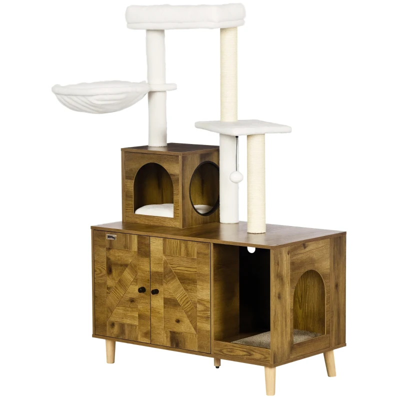 PawHut Cat Tree with Litter Box Enclosure, 2-in-1 Cat Tower Litter Box Furniture Indoor, Cat Condo with Hammock, Scratching Posts Pad, Rustic Brown