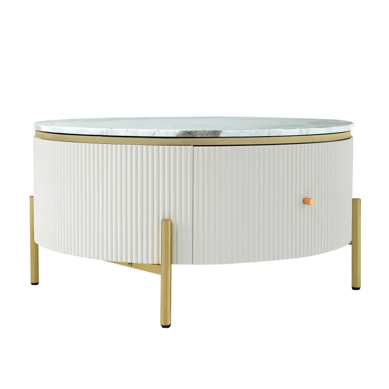 Modern Round Coffee Table with 2 Large Drawers, MDF Construction and Golden Legs, 31.5" L x 31.5" W x 17" H, Gold+White