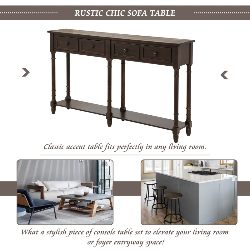 Console Table with Two Storage Drawers and Bottom Shelf, Easy Assembly, Solid Wood Frame, 58" L x 11" W x 34" H, Dark Brown