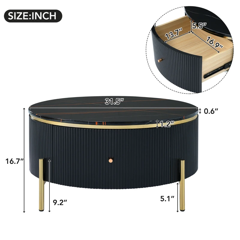 Modern Round Coffee Table with 2 Large Drawers, MDF Construction, Mrable Sofa Table with Golden Legs, 31.5" L x 31.5" W x 17" H, Black+Gold