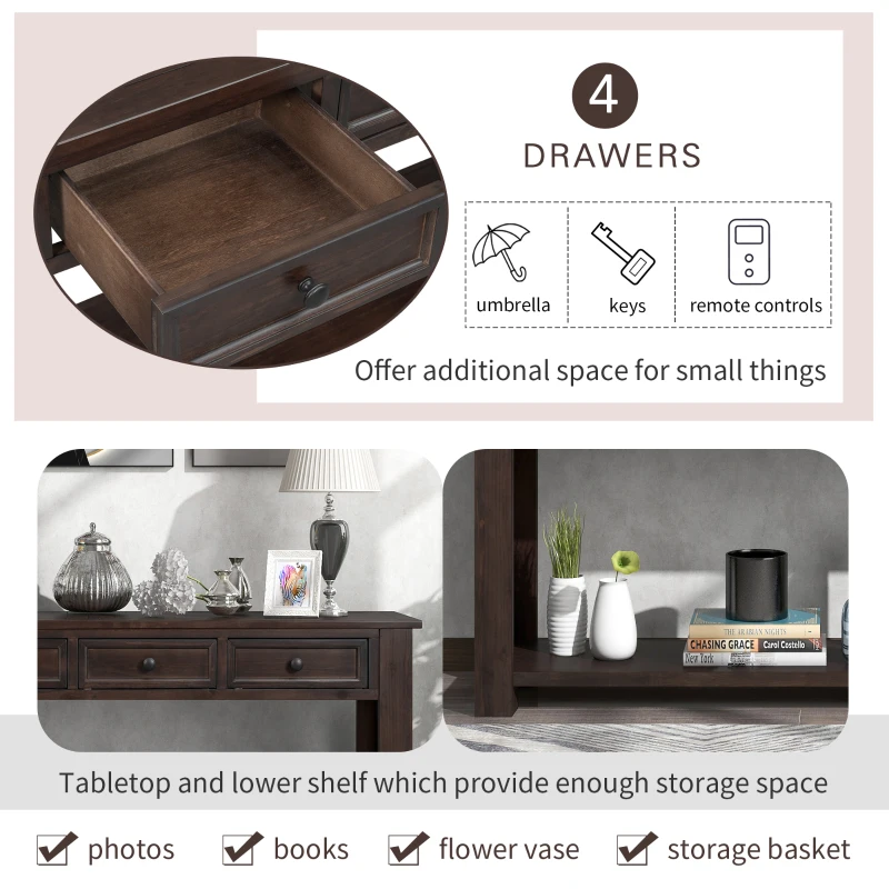 Rustic Chic Console Table with 4 Storage Drawers, Bottom Shelf, Solid Wood Frame, All Tools Included, 63" L x 14" W x 30" H, Dark Brown