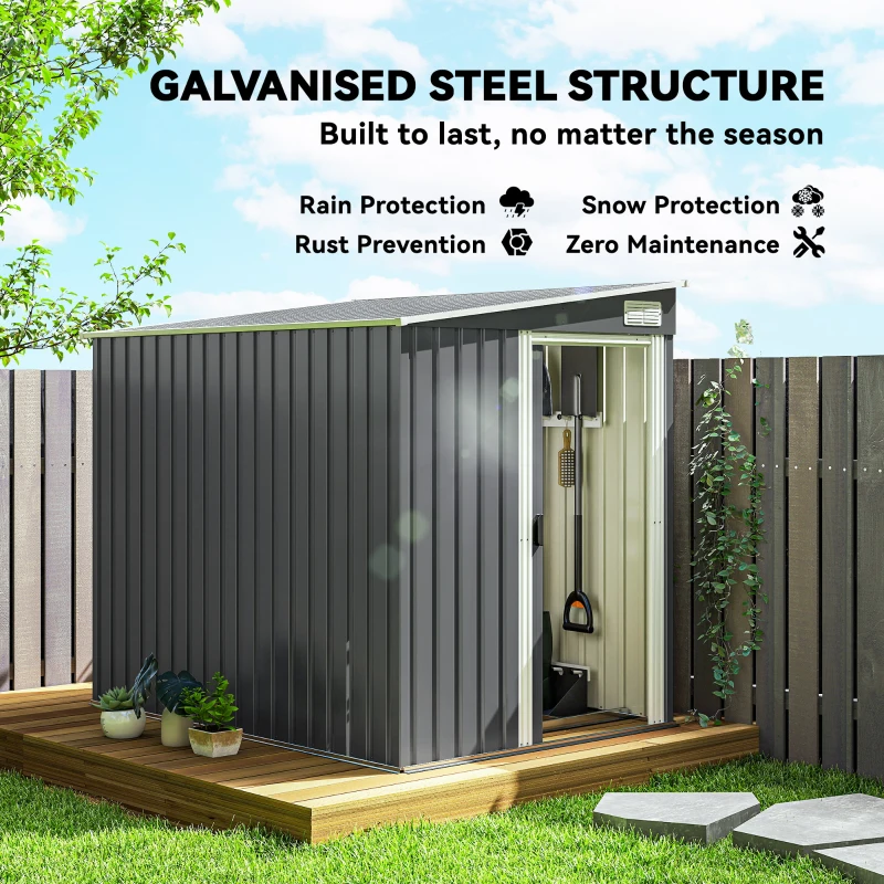 Outsunny 5'x7' Lean to Galvanized Metal Shed with Foundation, Garden Tool Storage House with Sliding Door and 2 Vents, Dark Grey