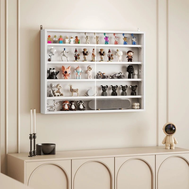 HOMCOM 5-Tier Display Cabinet, Wall-Mounted Display Case with 2 Glass Doors and Adjustable Shelves, White