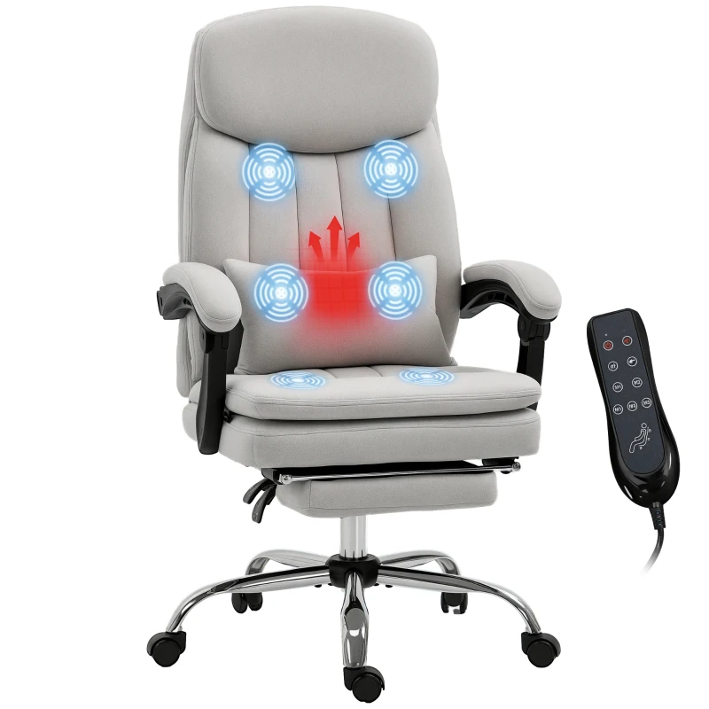 Vinsetto Executive Office Chair with Vibration Massage, Microfibre Swivel Desk Chair, Heated Reclining Computer Chair with Lumbar Support Pillow, Footrest, Light Gray