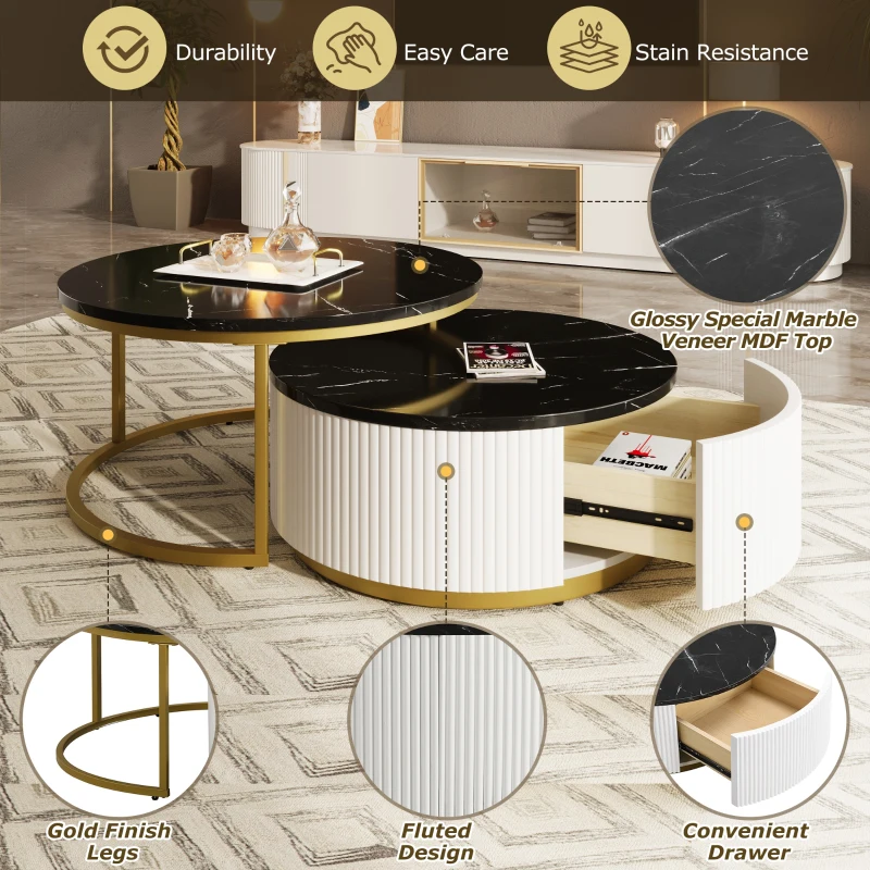 Modern Round Nesting Coffee Table Set with Storage Drawer, MDF Top and Metal Base, Fluted Design, 27.5" L x 27.5" W x 16" H, Black+Gold