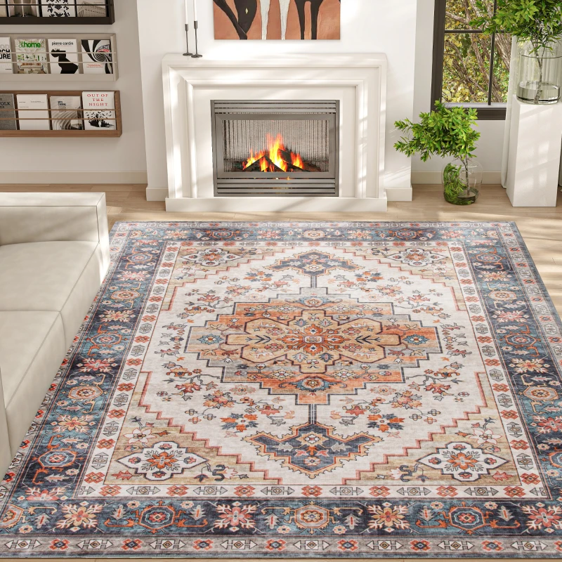 HOMCOM Area Rug 8x10, Machine Washable Rug, Non-Slip Boho Print Pattern Medallion Carpet for Living Room, Bedroom, Tawny Brown