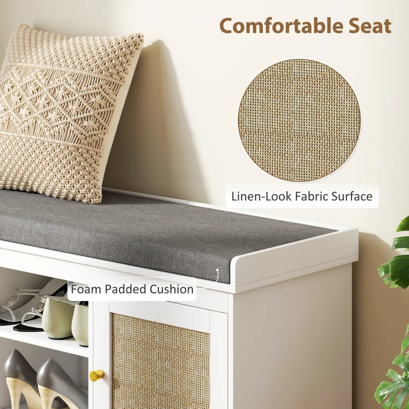 HOMCOM Shoe Bench with Padded Cushion, Boho Entryway Bench with Rattan Doors and Adjustable Shelves, Holds 9 Pairs, White