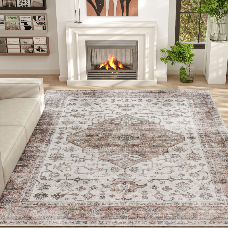 HOMCOM 8x10 Area Rug, Vintage Machine Washable Rug, Non-Slip Floor Carpet for Living Room, Bedroom, Dining Room, Tan
