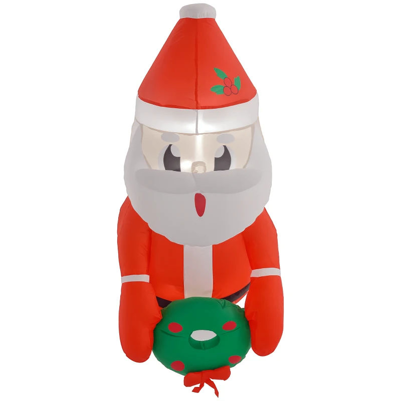 Outsunny 3.4' Inflatable Santa Claus Holding Wreath w/ LED Lights, Blow-Up Outdoor Hanging Display for Garden Party