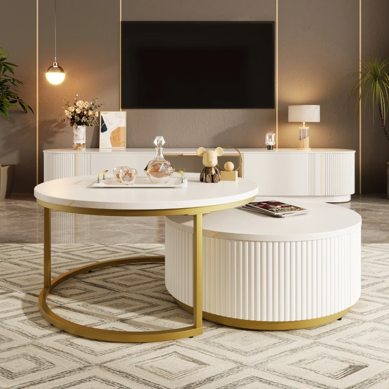 Modern Round Nesting Coffee Table Set with Fluted Design, Storage Drawer, MDF Top and Metal Base, 27.5" L x 27.5" W x 16" H, White+Gold