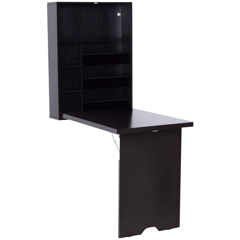HOMCOM Wall Mounted Fold Out Convertible Desk, Multi-Function Floating Desk with Storage Shelf for Home Office, Espresso Brown