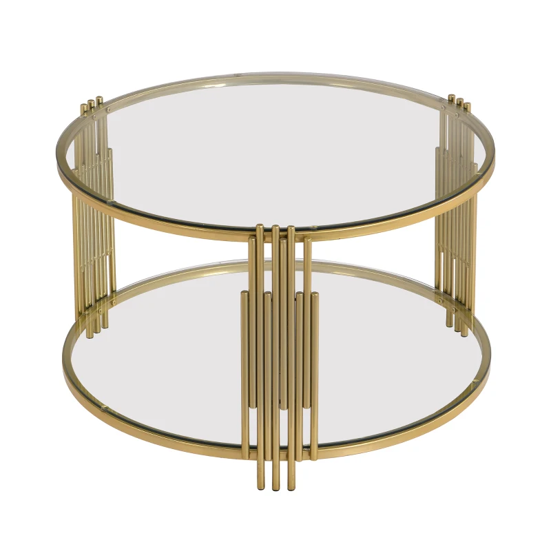 Modern Glass Coffee Table with Asymmetrical Metal Design, Circular Drum Base, Sofa Table with Lower Shelf, 31.5" L x 31.5" W x 20" H, Gold