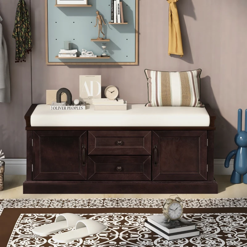 Storage Bench with 4 Doors and Adjustable Shelves, Removable Cushion for Entryway, 43" L x 16" W x 17.5" H, Dark Brown