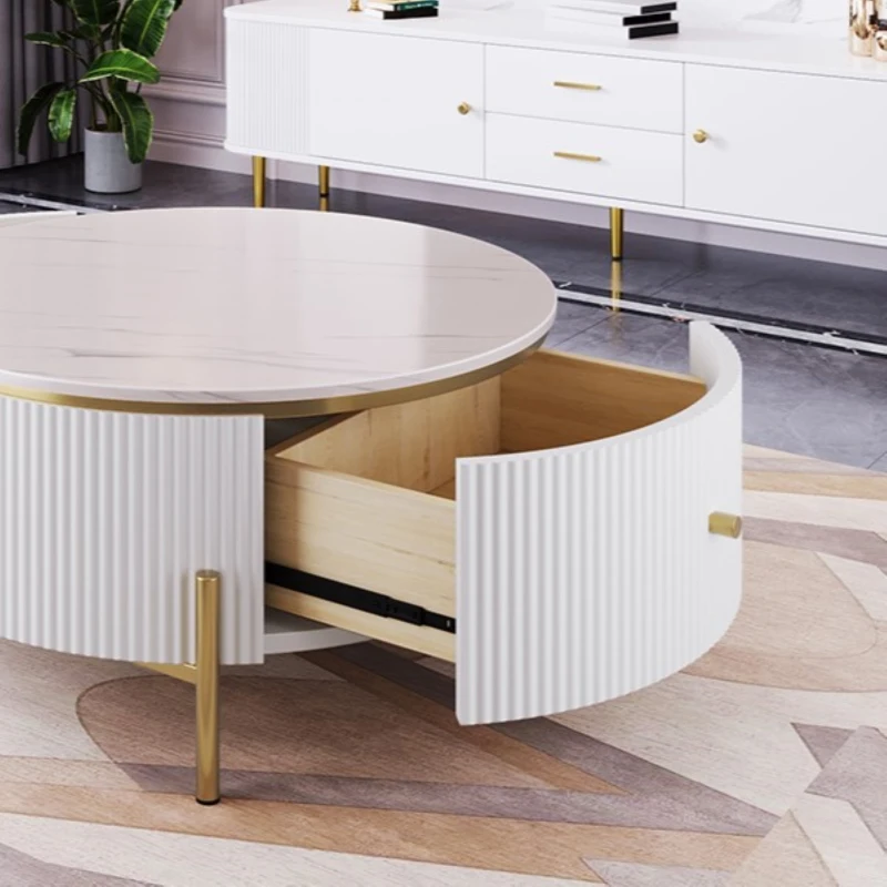 Modern Round Coffee Table with 2 Large Drawers, MDF Construction and Gold Legs, Sleek Modern Design, 31.5" L x 31.5" W x 17" H, White+Gold