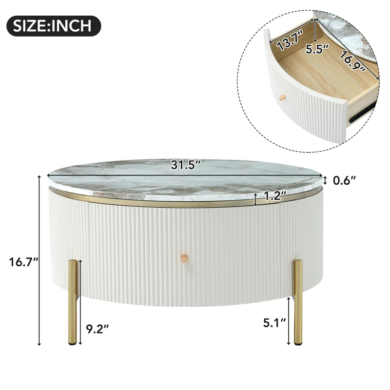 Modern Round Coffee Table with 2 Large Drawers, MDF Construction and Golden Legs, 31.5" L x 31.5" W x 17" H, Gold+White