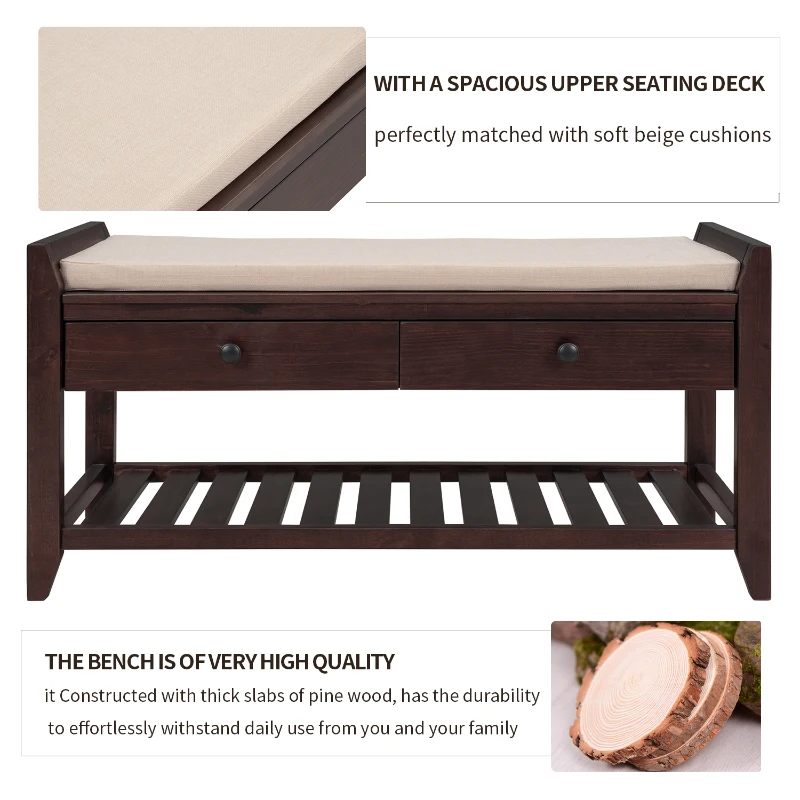 Shoe Rack with Cushioned Seat and Drawers, Pine Wood Construction, Multipurpose Entryway Storage Bench, 39" L x 14" W x 20" H, Dark Brown