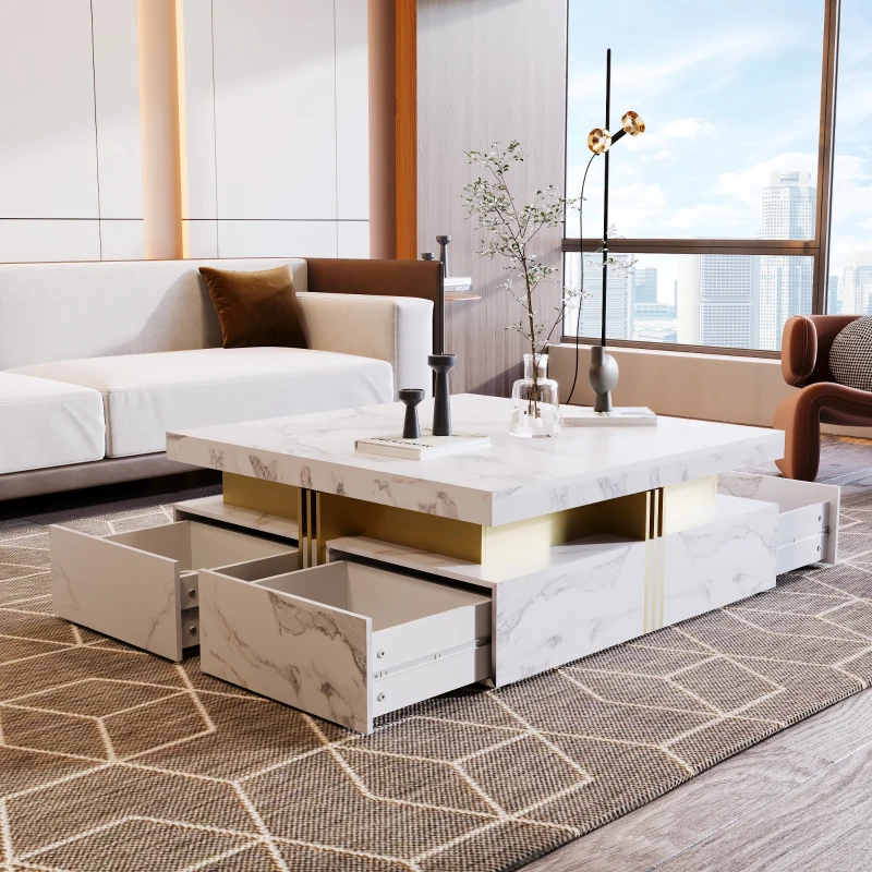 Modern Square Storage Coffee Table with 4 Drawers, MDF Construction, Ample Storage with Four Drawers, 43.5" L x 43.5" W x 16.5" H, White