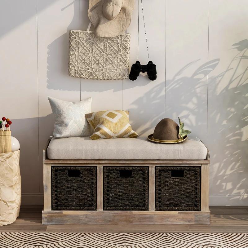 Rustic Storage Bench with 3 Rattan Baskets, No Assembly Required, Entryway Bench with Removable Cushion, 44" L x 16" W x 17" H, Natural