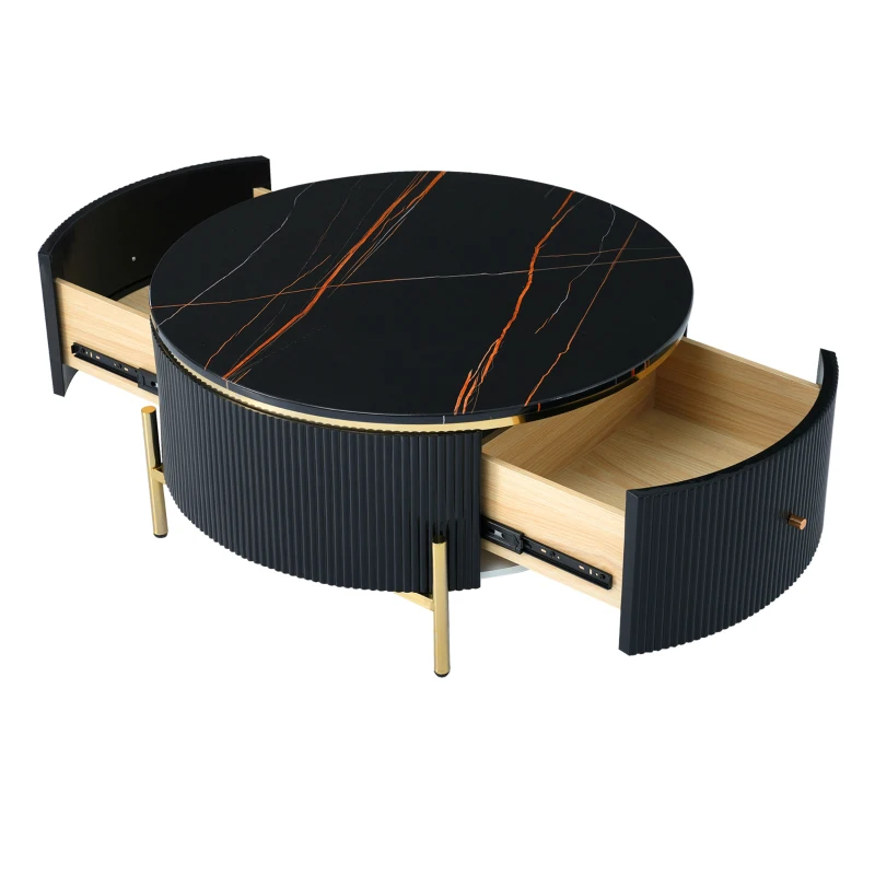 Modern Round Coffee Table with 2 Large Drawers, MDF Construction, Mrable Sofa Table with Golden Legs, 31.5" L x 31.5" W x 17" H, Black+Gold