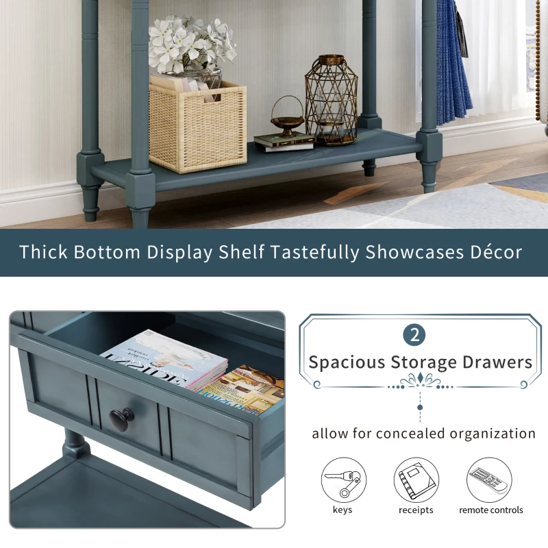 Daisy Series Console Table, Traditional Design with Two Drawers and Bottom Shelf, Pine Wood Frame, 35.5" L x 14" W x 30" H, Navy