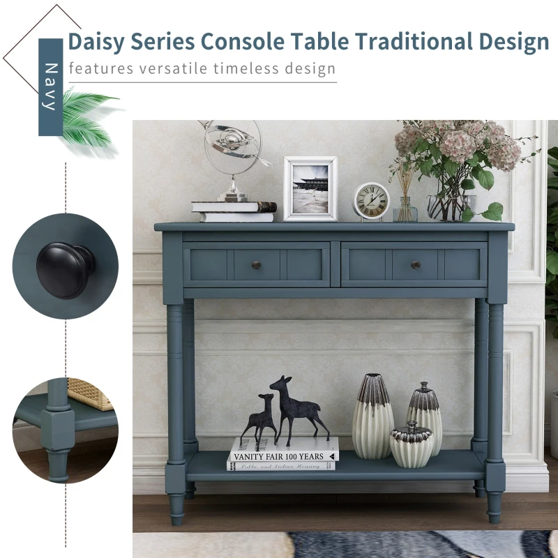 Daisy Series Console Table, Traditional Design with Two Drawers and Bottom Shelf, Pine Wood Frame, 35.5" L x 14" W x 30" H, Navy