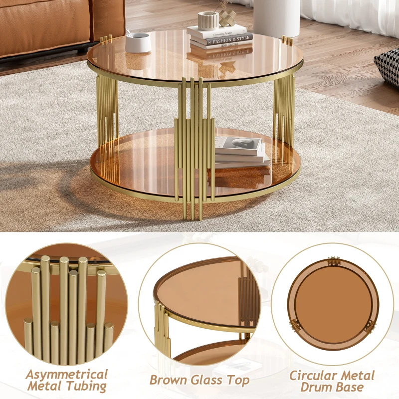 Modern Asymmetrical Coffee Table with Brown Glass Top, Circular Metal Drum Base, Lower Shelf, 31.5" L x 31.5" W x 20" H, Brown