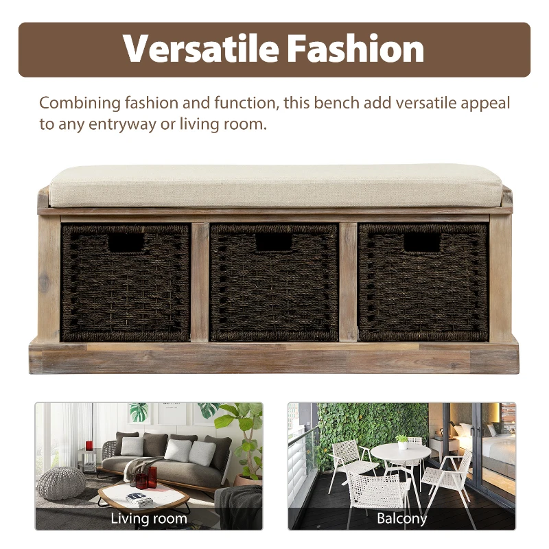 Rustic Storage Bench with 3 Rattan Baskets, No Assembly Required, Entryway Bench with Removable Cushion, 44" L x 16" W x 17" H, Natural