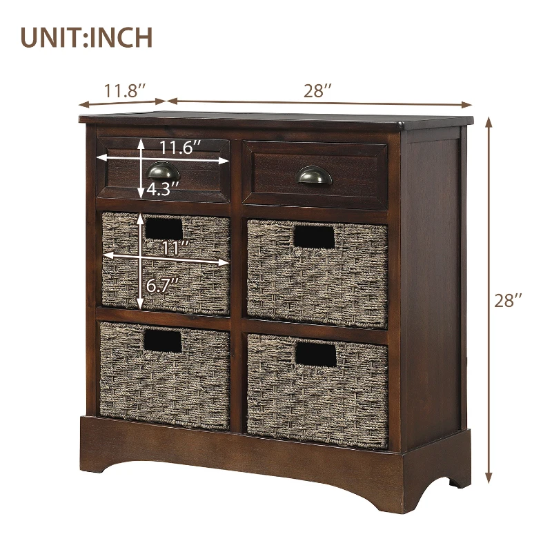Rustic Storage Cabinet with Two Drawers and Four Rattan Baskets, Modern Farmhouse Style, Acacia Wood Frame, 28" L x 12" W x 28" H, Brown
