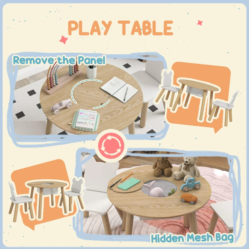 Qaba 3 Pieces Kids Table and Chair Set, Activity Table and Chair Set with Bear-Shaped Chairs, Mesh Bag