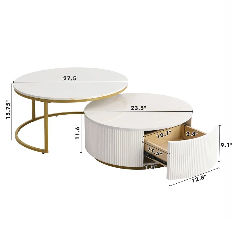 Modern Round Nesting Coffee Table Set with Fluted Design, Storage Drawer, MDF Top and Metal Base, 27.5" L x 27.5" W x 16" H, White+Gold