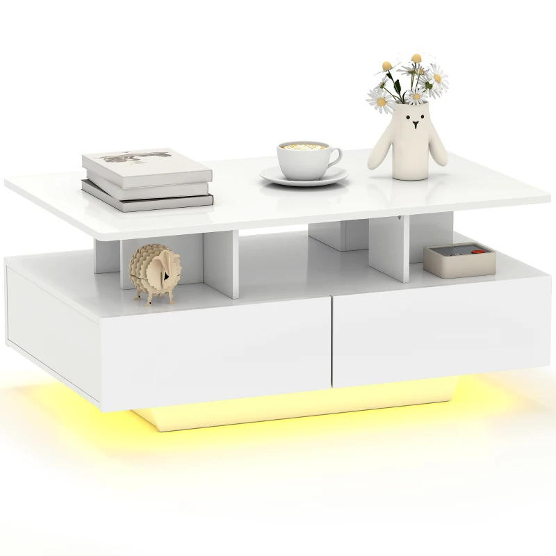HOMCOM Coffee Table with RGB LED Lights, Modern Living Room Table with 4 Drawers, Open Shelf, Remote Control, High Gloss White