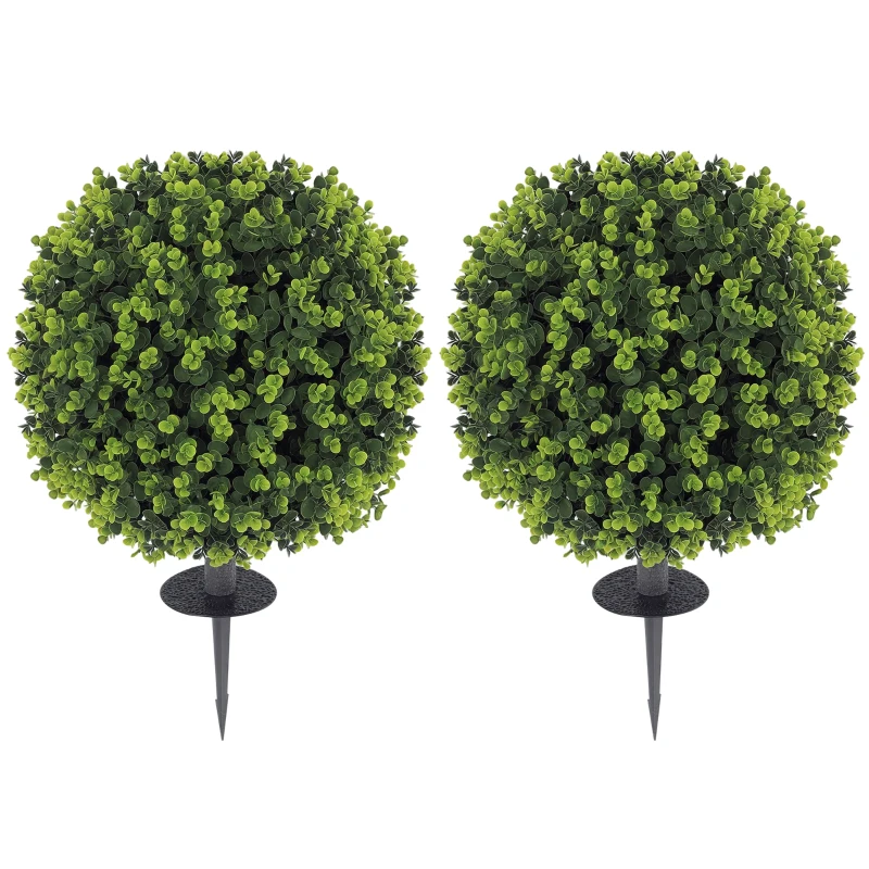 HOMCOM 2 Pack 1.3ft Artificial Ball Eucalyptus Topiary with Ground Stake, UV Resistant Faux Greenery for Indoor Outdoor