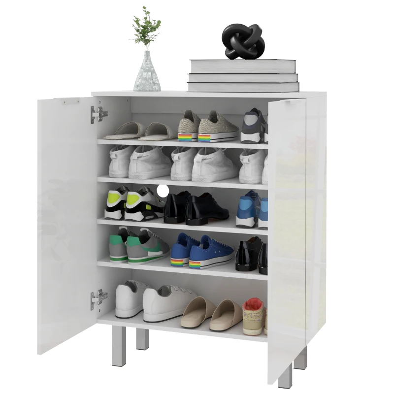 HOMCOM Shoe Cabinet, Shoe Storage Cabinet with Soft-Close Hinges and Adjustable Shelves, Holds 15-20 Pairs, High Gloss White