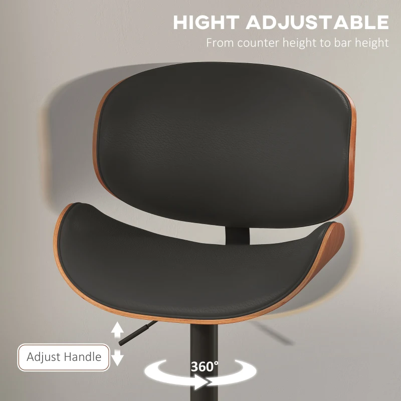 HOMCOM Bar Stools Set of 2, Modern PU Leather Adjustable Swivel Barstools with Curved Back, Footrest and Steel Base, Black