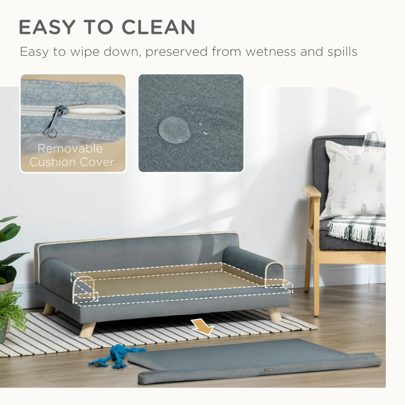 PawHut Elevated Dog Sofa Bed, Cat Couch with Cushion, Washable Cover, Wooden Legs, for Medium & Large Dogs, Dark Grey