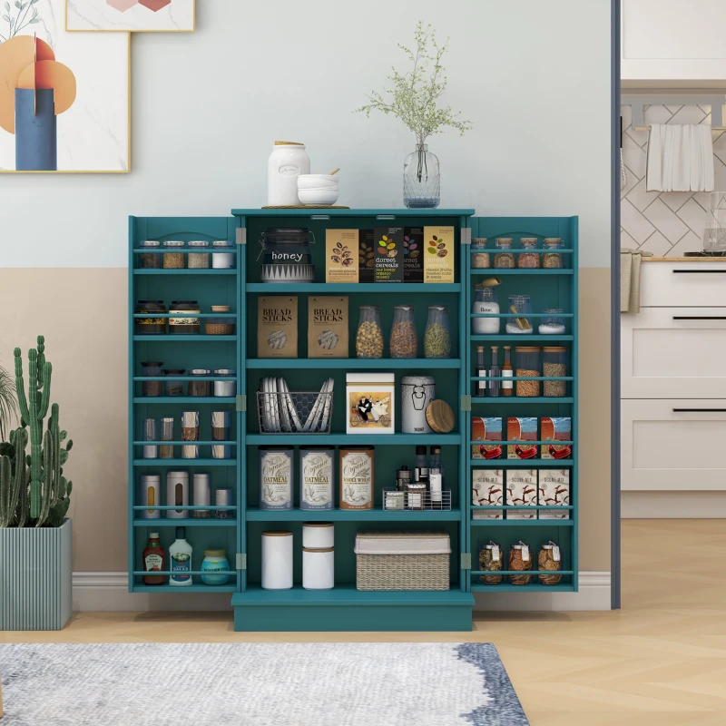 HOMCOM 41" Storage Cabinet, 2-Door Kitchen Pantry Cabinet with 5-tier Shelving, 12 Spice Racks, Adjustable Shelves, Teal Blue
