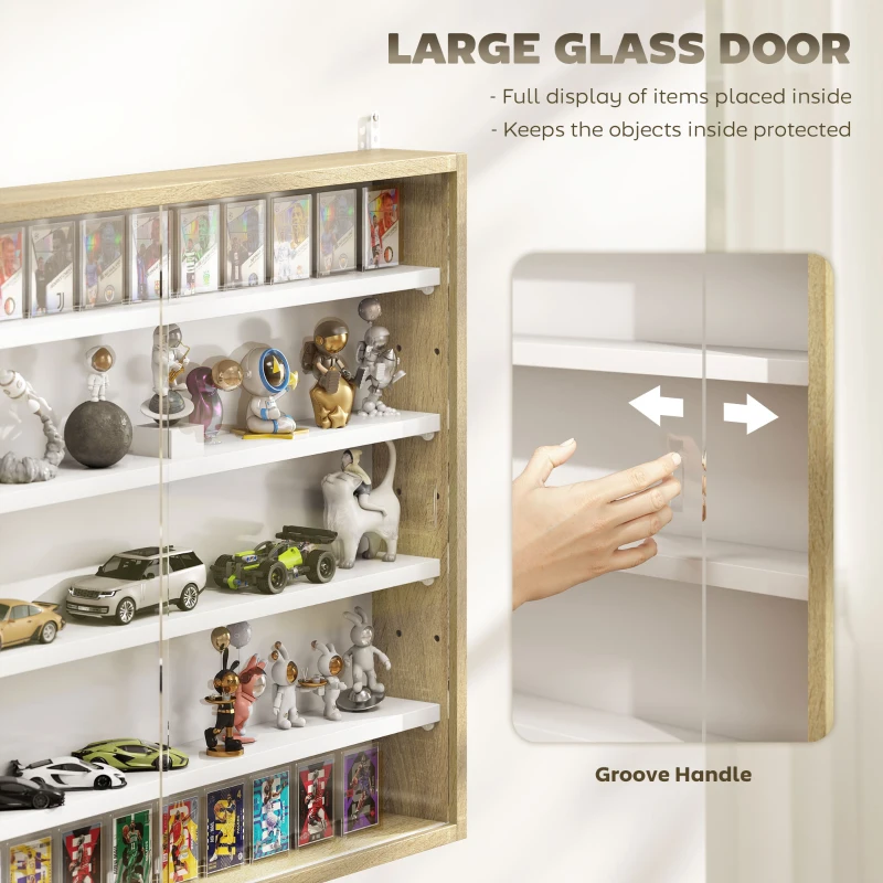 HOMCOM 5-Tier Display Cabinet, Wall-Mounted Display Case with 2 Glass Doors and Adjustable Shelves, Oak and White
